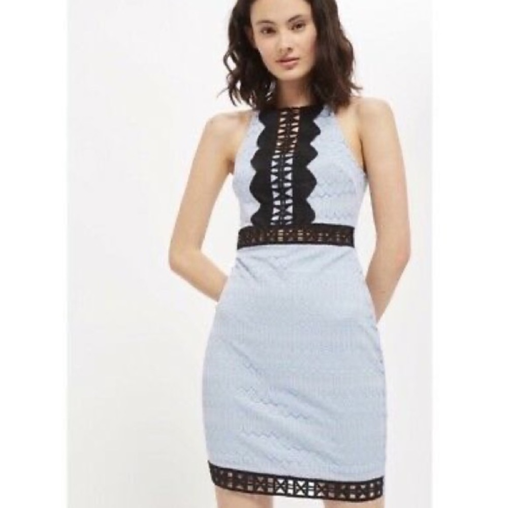 Baby Blue/Black crochet-lace midi dress